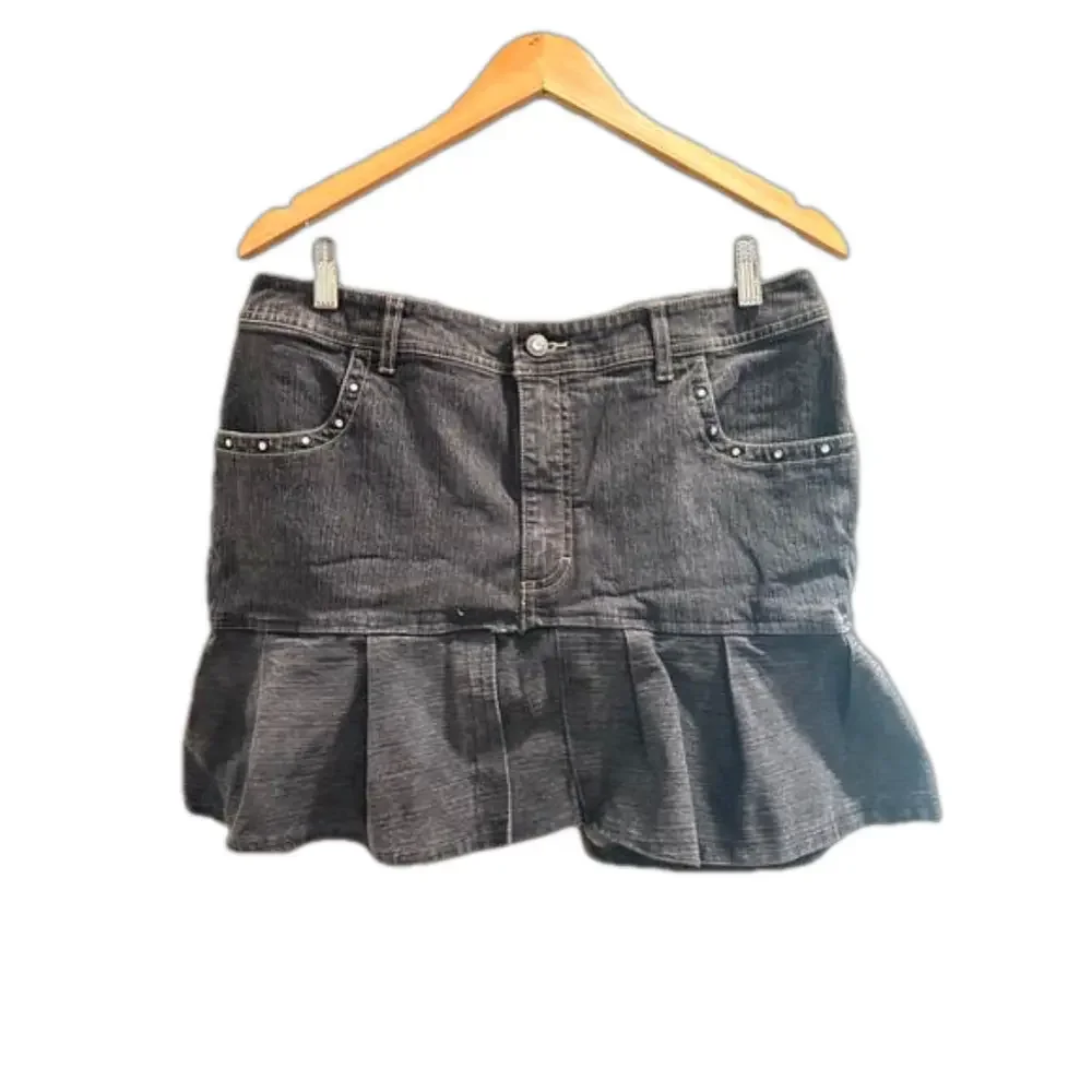 French Cuff Denim Mini Skirt Dark Wash Rhinestone Embellished Pleated Hem